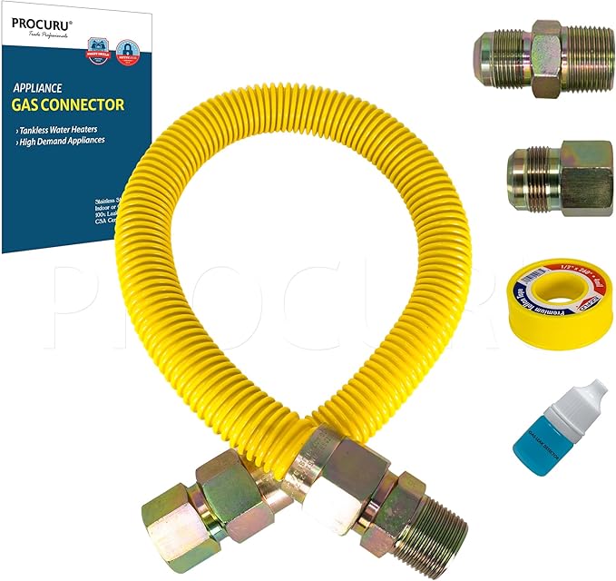 PROCURU 1" OD x 18" (1.5Ft) x 3/4"MIP x 3/4"FIP Universal Flexible Gas Connector Kit, With/Without Service Valves, WP MaxFlow High Capacity SS Tubing for Tankless Water Heater (Blue-A1 Series)