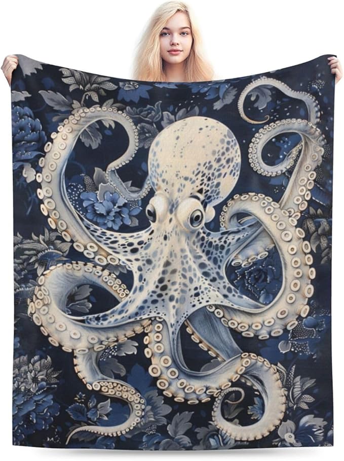 Octopus Blanket Ocean Throw Blanket Soft Warm Cozy Fuzzy Plush Marine Nautical Throw Blanket Gifts for Girls Women Octopus Fleece Flannel Gift Blankets for Kids Adults 60"X80"