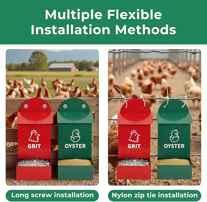 No Waste Chicken Grit and Oyster Shell Feeder 2 Pack, Wall Mounted Metal Poultry Feeders for Coop or Fence, Rustproof Dual Compartments Chicken Feeder for Backyard Flocks