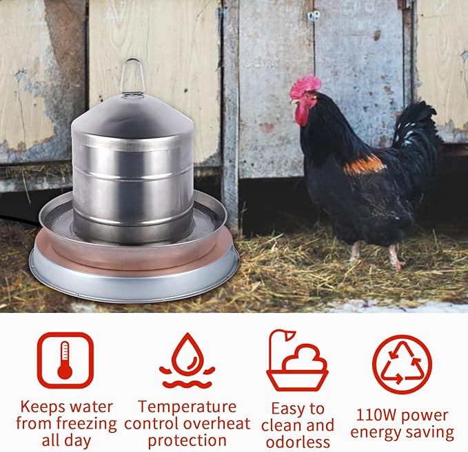 Chicken Water Heater for Winter，110Watt Heated Poultry Waterer Base,with Thermostat and 9.8ft Power Cord, Dia.11in