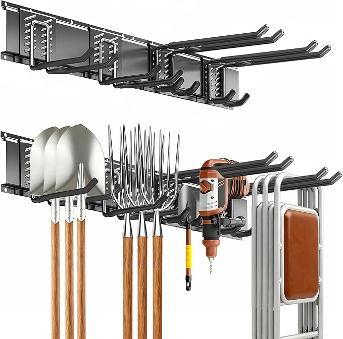 Garage Tool Organizer Wall Mount, 32inch Heavy-Duty Garage Storage System and Garden Tool Organizer with 4 Adjustable Hooks for Shovel, Snowboard, Yard Tools and Shed