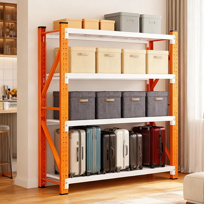 4-Tier Storage Shelves,79" H Heavy-Duty Garage Shelving Unit,Adjustable Metal Industrial Shelf System,3,500lbs Capacity,Tool Organizer for Garage,Workshop,48" W x 20" D x 79" H,Orange&White