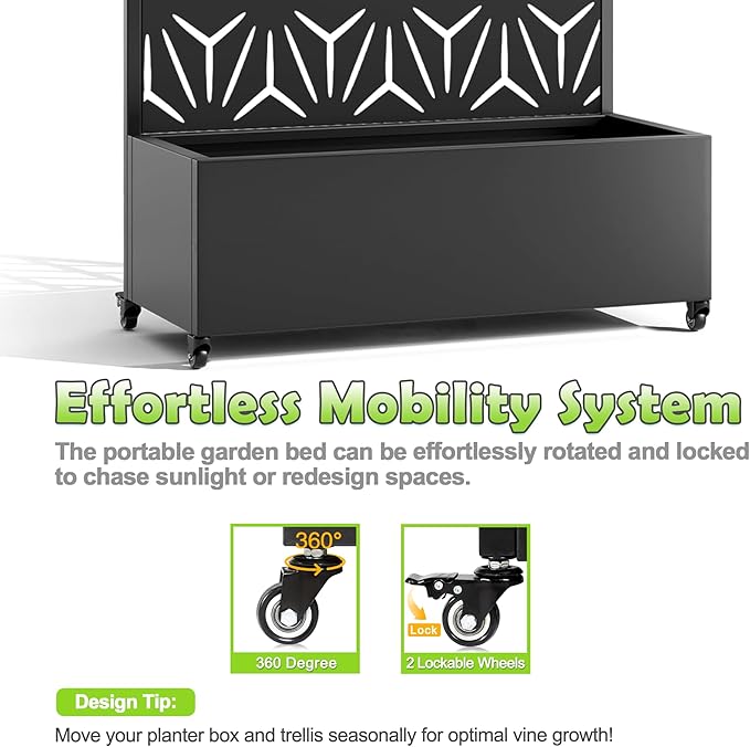 15.7"×70.9"×35.4" Metal Raised Garden Bed with Trellis and Wheels - Tall Trellis Planter Box for Climbing Plants, Vegetables & Vines - Outdoor Privacy Planters for Patio (Black-Star)