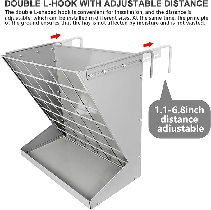 Wall Mount Hay Rack, Heavy-Duty Galvanized Metal 2 in 1 Hay and Grain Feeder, Livestock Feeder with Adjustable Distance, Hay Feeder for Goats, Sheep, Horse