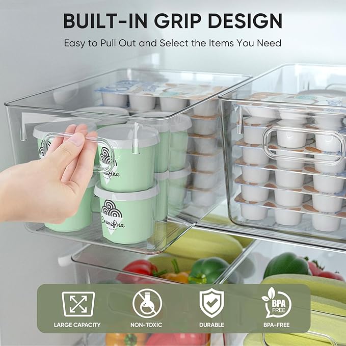 BALEINE Clear Plastic Storage Bins, Pantry Organization, BPA Free Stackable Refrigerator Organizers and Storage with Handles for Kitchen Fridge Cabinet Bathroom (6PK, 11x7.5x6)