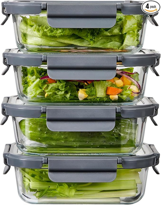 Glass Food Storage Containers with Glass Lids, 4 Pack of 22oz, Meal Prep Container with Airtight Lids, Microwave Safe Food Container Set, BPA Free, LeakProof, Ideal for Lunch