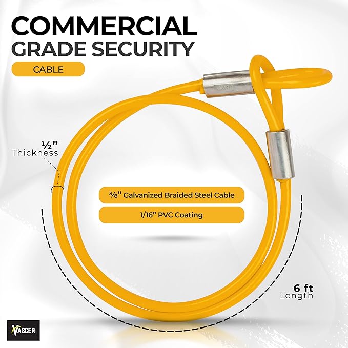 Commercial Heavy Duty Braided Galvanized Steel Anti-Theft Security Cable with Looped Ends. (1/2 Inch Thick, 7x19 Construction, 6 Feet)