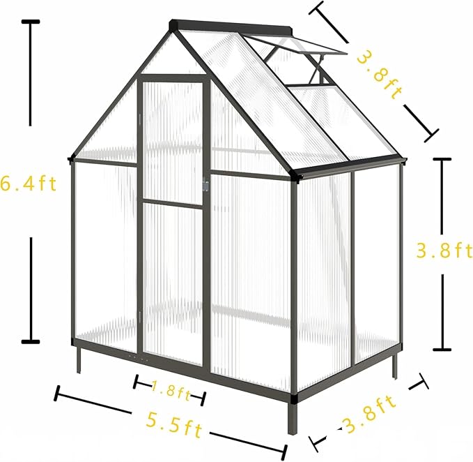 CQZY 6x4 FT Greenhouse for Outdoors, Polycarbonate Greenhouse with Quick Setup Structure and Roof Vent, Aluminum Large Walk-in Green House for Outside Garden Backyard, Dark Gray