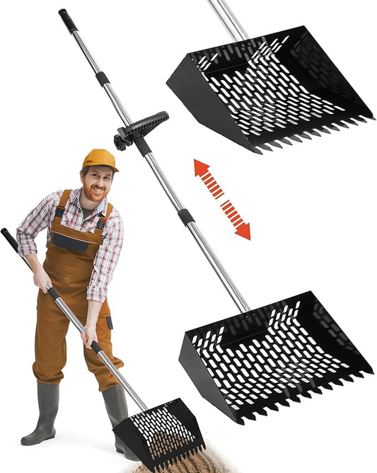 Chicken Poop Scooper and Rake – 2-in-1 Metal Litter Sifter for Chicken Coops, Sand, and Runs with 22–62" Adjustable Handle, Heavy-Duty Cleaning Tool for Chicken and Duck