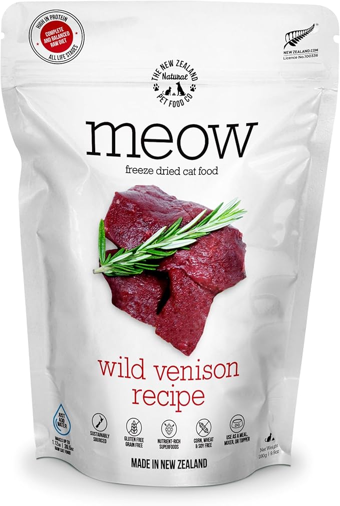 The New Zealand Natural Pet Food Co Meow Freeze Dried Cat Food - Wild Venison Recipe, High Protein Treats, Meals & Toppers, Dry Cat Food, 9.9 oz