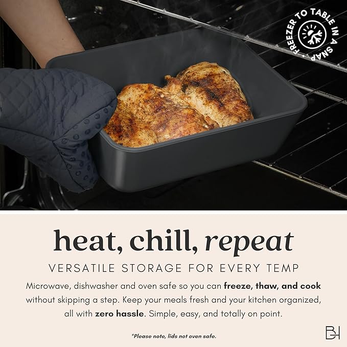 Ceramic Coated Glass Food Storage Container | No PTFE, PFOA, PFAS, and BPA | Reusable Non Toxic Meal Prep Container with Glass Lid | Easy To Store | 11 Cup Rectangle [Onyx]