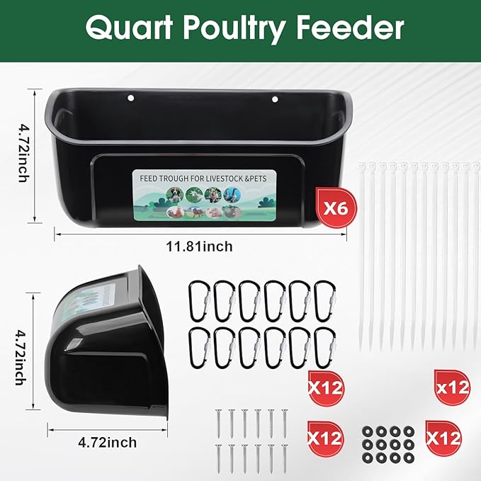 6 Pack Chicken Duck Feeder, Poultry Feeders and Waterers, Hanging Goat Feeder, Livestock Feeding Container, Feed Trough and Waterer Bucket with Clips(Black)