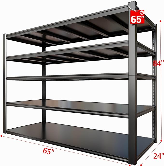 65" W Heavy Duty Garage Shelving, 84" H Garage Storage Shelves, 5 Tier Metal Shelving Unit, Commercial Shelving
