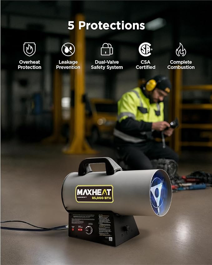 InoKraft Maxheat MH85 85,000 BTU Forced Air Propane Heater, Auto 25-95℉ On/OFF Control, Portable Garage/Shop Heater for Garages, Job Sites - 10ft Hose