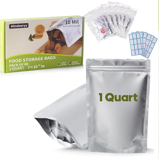 60pcs 1 Quart Mylar Bags for Food Storage with Oxygen Absorbers 400cc and Labels, Extra Thick 10 Mil - 7x10 Inch Zipper Pouches Resealable for Long Term Food Container Sets - Heat Sealable