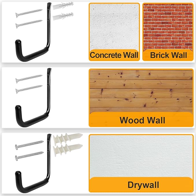 KURUI 10" Garage Organization Wall Hooks, 66 LB Heavy Duty Water Hose Holder for Hanging Ladder Extension Cord Garden Tool Cable, 4 Pcs, Black