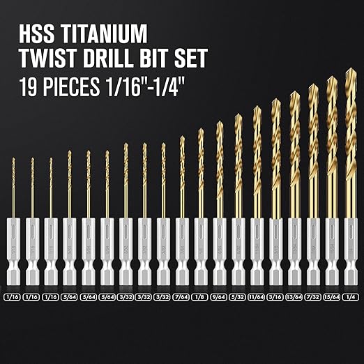 Hex Shank Drill Bit Set, 19Pcs Titanium Twist Drill Bit for Sheet Metal, Wood, Plastic, Quick Change Design (1/16" - 1/4")