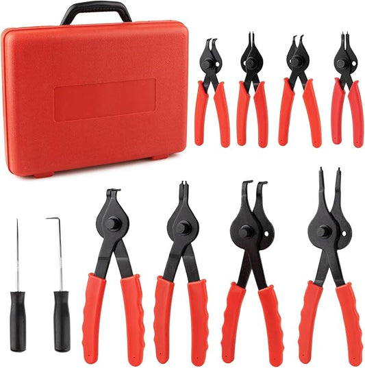 10-Piece Snap Ring Pliers Set, Heavy Duty Internal & External Circlip Pliers Kit with Straight/Bent Tips, Hook, Pick, C-Clip Ring and Circlip Removal Tool for Automotive & Mechanical Repair