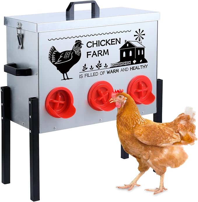 Automatic Chicken Feeder Box 30 lbs, 6 Feeding Ports, No Waste Poultry Feeder with Locking Lid and Adjustable Legs for Chickens, Ducks, Geese Galvanized Metal (30 Lbs-6 Ports)