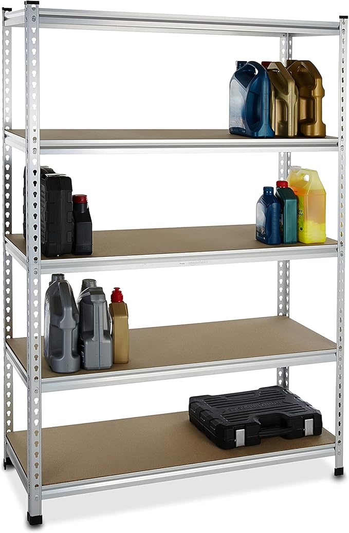 Amazon Basics 5 tier, Medium Duty Storage Shelving Double Post Press Board Shelf, Aluminum, 48 x 18 x 72