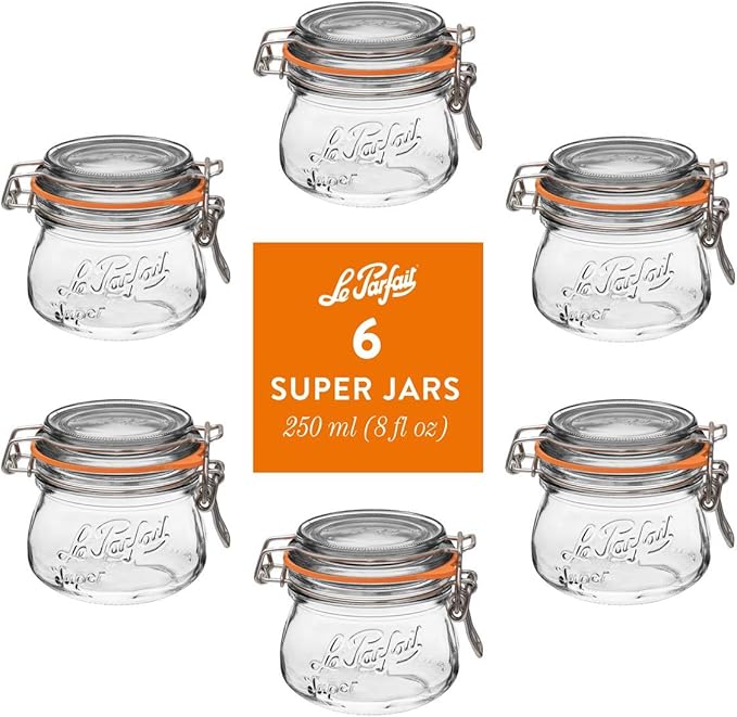Le Parfait Super Jar - French Glass Canning Jars, 250mL, Wide Mouth, Clear (8oz/Half Pint, 6 pk)