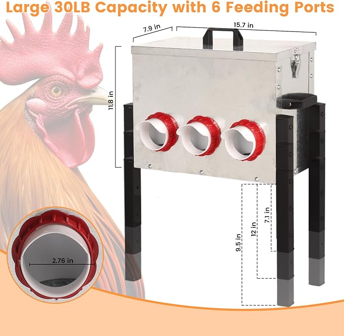 30LB Automatic Chicken Feeder with Cover – Large Capacity Metal Chicken Coop Feeder with 6 Feed Ports, Adjustable Legs Rainproof No Waste Outdoor Poultry Feeder for Hens & Free Range Flocks