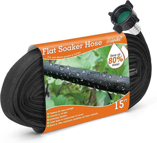 AIODE Flat Soaker Hose 15FT for Garden Beds Drip Hose Heavy Duty Save 80% Water for Vegetable Tree (15FT)