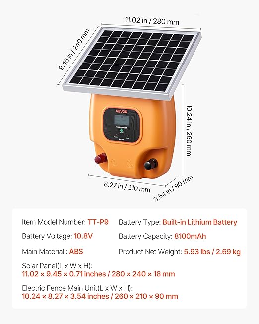 VEVOR Solar Fence Charger, 0.6J 8 kV Solar Powered Fence Charger, Electric Fence Energizer Kit, Keep Out Predators, 4-5 Days Runtime, for Livestock, Poultry, Garden Protection