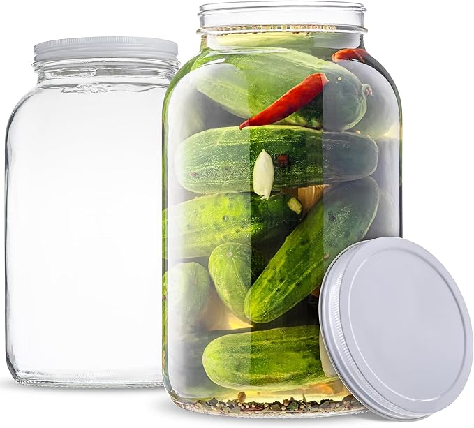 kitchentoolz Set of 3 One Gallon Large Glass Jar with Lid – Wide‑Mouth Gallon Mason Jar for Sun Tea, Pickling, Kombucha – 1 Gallon Glass Jug Made in USA