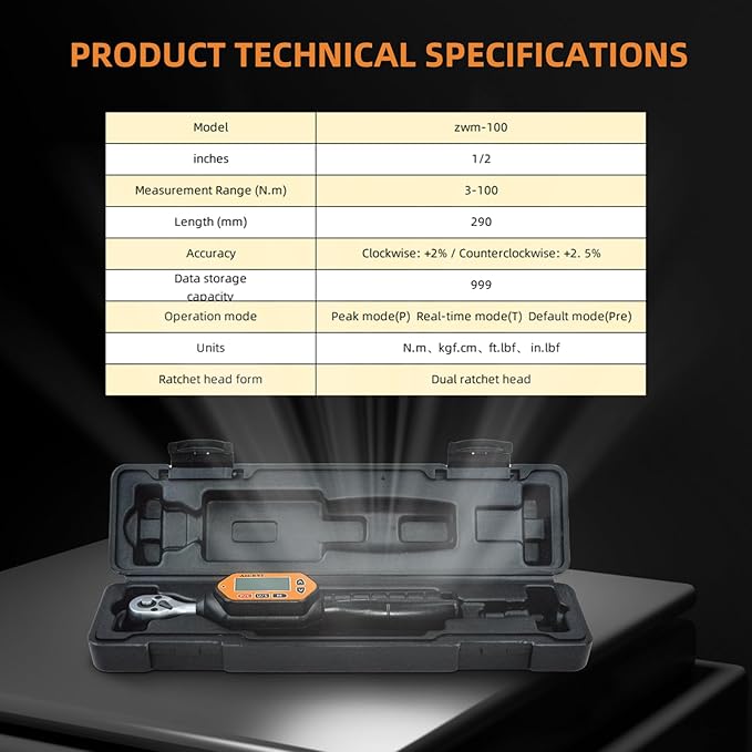 Digital Torque Wrench, 73.7 Ft.lbs/3-100 N.m, 1/2 in Drive Rachet Torque Wrench with Buzzer & LED Indicator Four Units of Measure Torque Wrenches Digital