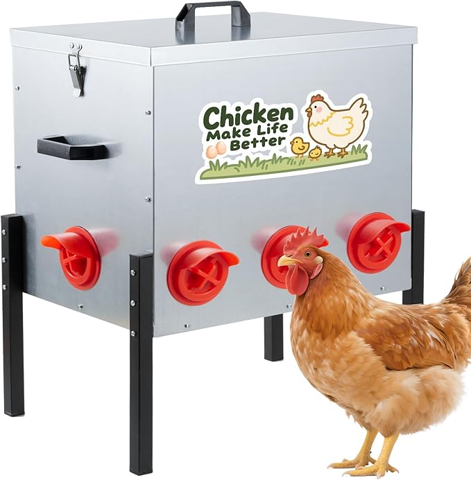 50 LB Automatic Chicken Feeder 8 Feeding Ports, No-Waste Poultry Feeder with Locking Lid and Adjustable Legs for Inside Chicken Coops Metal Automatic Poultry Feeders (Sliver, 50LB with 8 Ports)