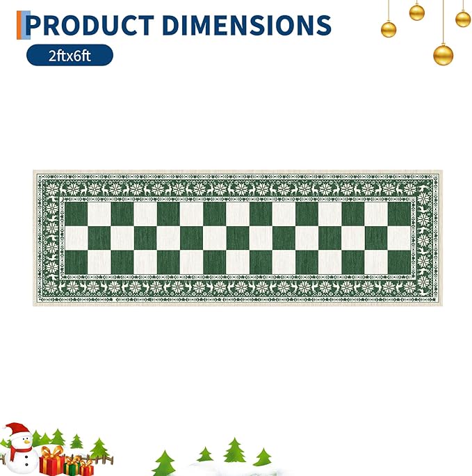 GarveeHome Green 2x6 Runner Rug, Washable Rug for Christmas Decor, Indoor Non Slip Carpet, Checkered Soft Low Pile Christmas Rugs for Kitchen, Entryway, Living Room, Bedroom