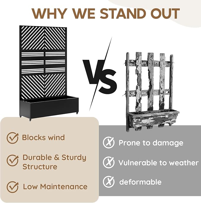 Metal Planter with Trellis& Wheels 72" x 47"x 15.7" Raised Garden Bed with Trellis,Privacy Planters for Patio,Garden Bed for Climbing Plants,Suitable for Climbing Plants and Vegetables,Black