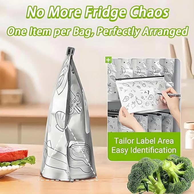 30PCS reusable aluminum foil sealed storage bags, 2025 new resealable food vacuum zipper bags, vegetable, fruit, and meat upright aluminum foil sealed bags with labels and zippers (10 each of 3 sizes)