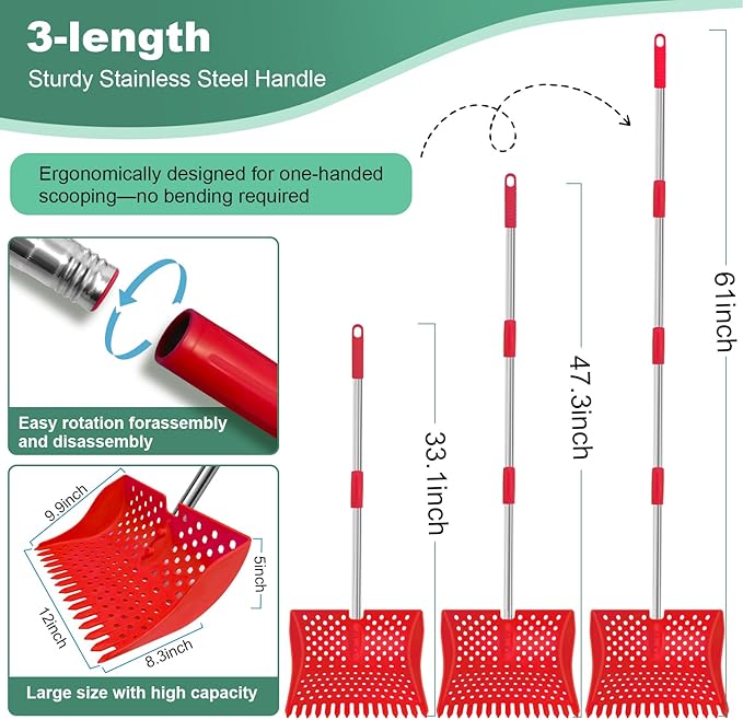 US Patent Pending 12-Inch 2-in-1 Chicken Poop Scooper & Rake,3-Shape Sifting Holes Chicken Coop Rake，Stainless Steel Handle （20–61"）– Litter Scooper & Sand Sifting Shovel for Chicken Coops （Red）