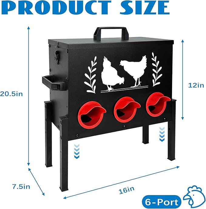 Chicken Feeders, 30 lb Capacity 6 Port Automatic Chicken Feeder, Metal Chick Feeder with Locking Lid and Legs, Chicken Feeder for Chickens, Ducks, Geese(Black)
