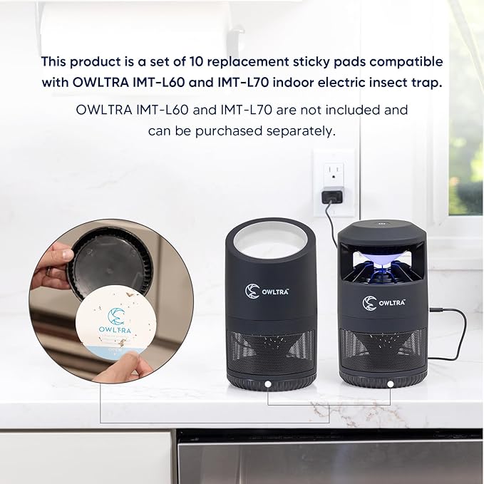 OWLTRA Original 10 Replacements Sticky Glue Pads Refills for OWLTRA IMT-L60 and IMT-L70 Indoor Electric Insect Trap, Catcher & Killer Lamp for Fruit Flies, Mosquitos, Moths, Gnats, and More