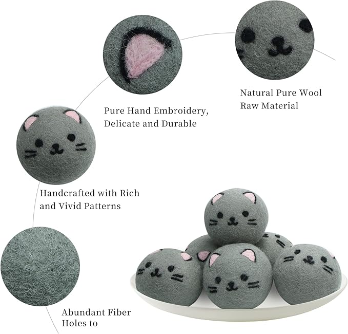 Dryer Balls Laundry Reusable - XL Wool Dryer Balls - Handmade Cute Cat Shape 6 Pack, Extra Large Dryer Balls, Shorten Drying Time, Organic Wool - Dry 1000+ Loads