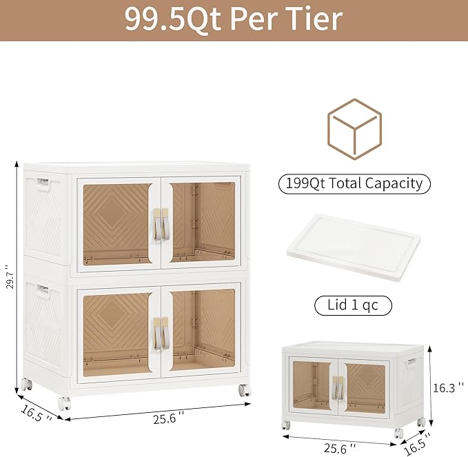 Large Clear Stackable Storage Bins with Lids, Foldable Storage Cabinet for Closet Organizers and Storage, Plastic Storage Box with Wheels 199 QT
