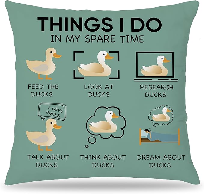 Funny Duck Throw Pillow Covers 18 x 18-Things I Do in My Spare Time Duck Decorative Pillow Covers,Funny Duck Gifts,Duck Gifts for Duck Lovers,Duck Themed Gifts for Women,Duck Decor (Green)