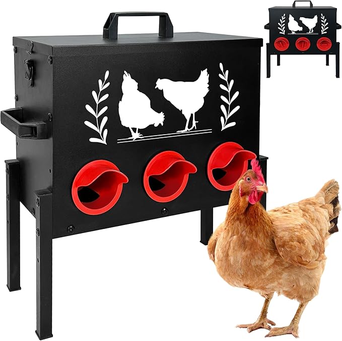 Chicken Feeders, 30 lb Capacity 6 Port Automatic Chicken Feeder, Metal Chick Feeder with Locking Lid and Legs, Chicken Feeder for Chickens, Ducks, Geese(Black)