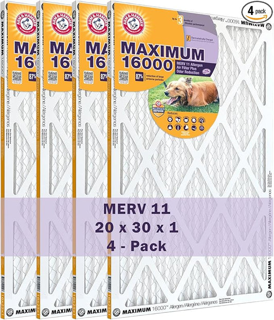 Arm & Hammer Max Allergen & Odor Reduction 20x30x1 Air and Furnace Filter, MERV 11, 4-Pack