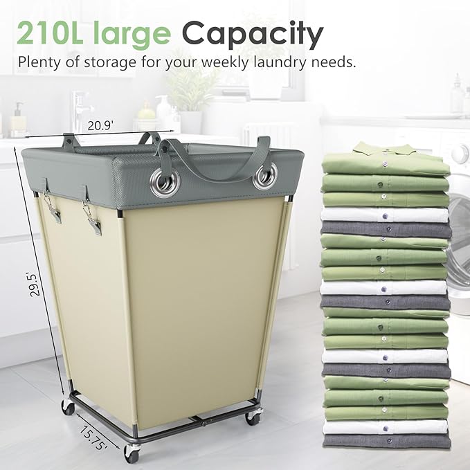HILIUS Laundry Hamper with Wheels 210L Large Capacity Hamper Rolling Laundry Basket Extra Large Laundry Cart for Easy Transport Storage Basket Ideal for Dorm Laundry Room Bathroom Beige