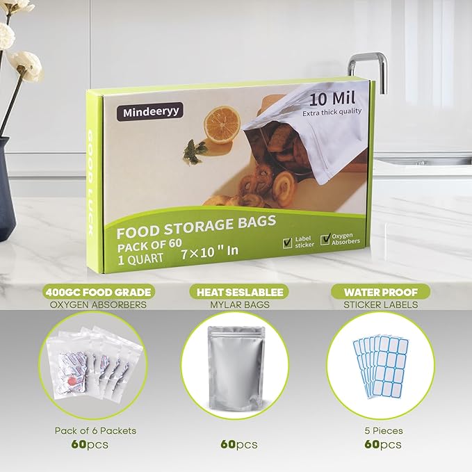 60pcs 1 Quart Mylar Bags for Food Storage with Oxygen Absorbers 400cc and Labels, Extra Thick 10 Mil - 7x10 Inch Zipper Pouches Resealable for Long Term Food Container Sets - Heat Sealable