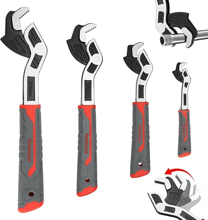 4 Pcs Self-Locking Pipe Wrench Tool, 6" 8" 10" 12", Multifunctional, Non-Slip Handle, Ratchet, Chrome Vanadium Alloy Steel, Universal Adjustable Wrench