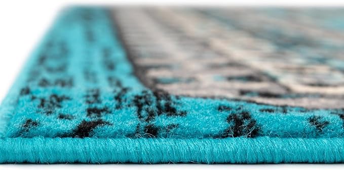 Unique Loom Taftan Collection Border Geometric Tribal Inspired Design Area Rug (6' 0 x 9' 0 Rectangular, Turquoise/ Gray)