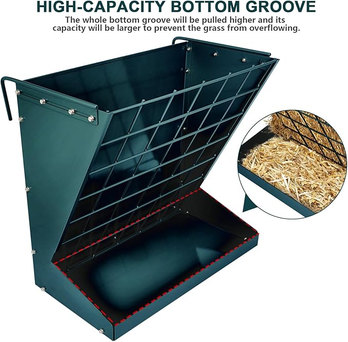 Wall Mount Hay Rack, Heavy-Duty Galvanized Metal 2 in 1 Hay and Grain Feeder, Livestock Feeder with Adjustable Distance, Hay Feeder for Goats, Sheep, Horse