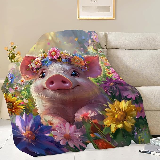 Pig Blanket, Pink Pig Throw Blanket, Flower Gifts Blankets Stuff Fleece Flannel Plush for Girls Women Men Boys Lovers Adults Soft Bedding Gift for Sofa Bed Office Home Decor 40"X50"