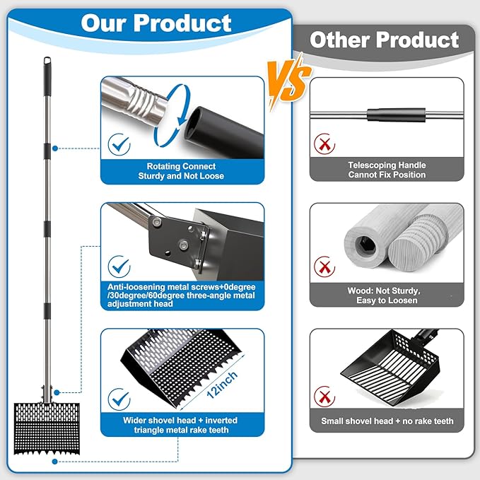 2-in-1 Chicken Poop Scooper & Rake 12-Inch Large Metal Shovel Head Adjustable Stainless Steel Handle (24 to 64") Litter Sifting Shovel Cleaning Tools for Chicken Run, Animal Farm (Black)