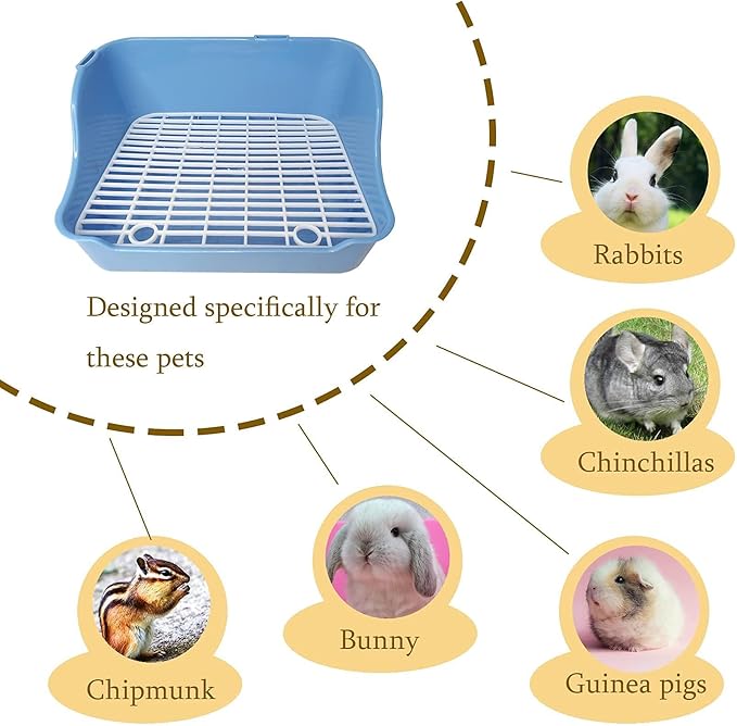 Hamiledyi Guinea Pig Potty Training Small Animal Litter Box Ferret Litter Box Bunny Plastic Square Cage Toilet with Grate(Blue)